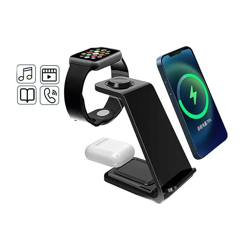 White 3-in-1 upright wireless charger with phone holder showing Type-C cable connection