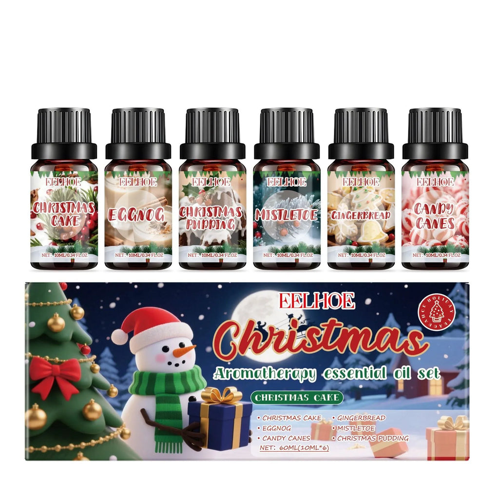 Christmas aromatherapy oil gift set showing six 60ml bottles of scented oil for home fragrance.
