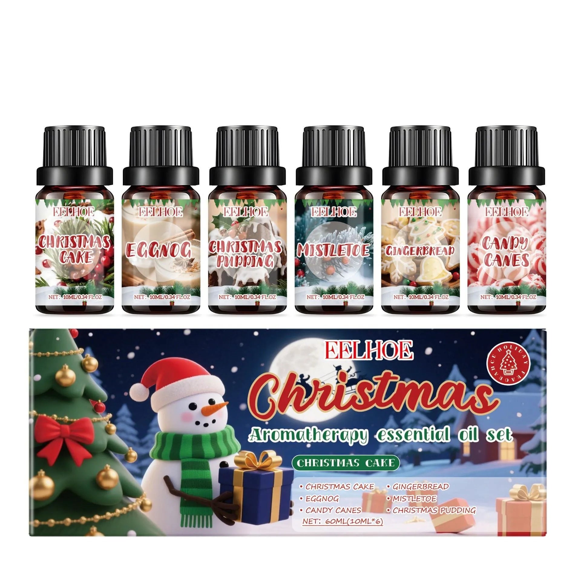 Christmas aromatherapy oil gift set showing six 60ml bottles of scented oil for home fragrance.