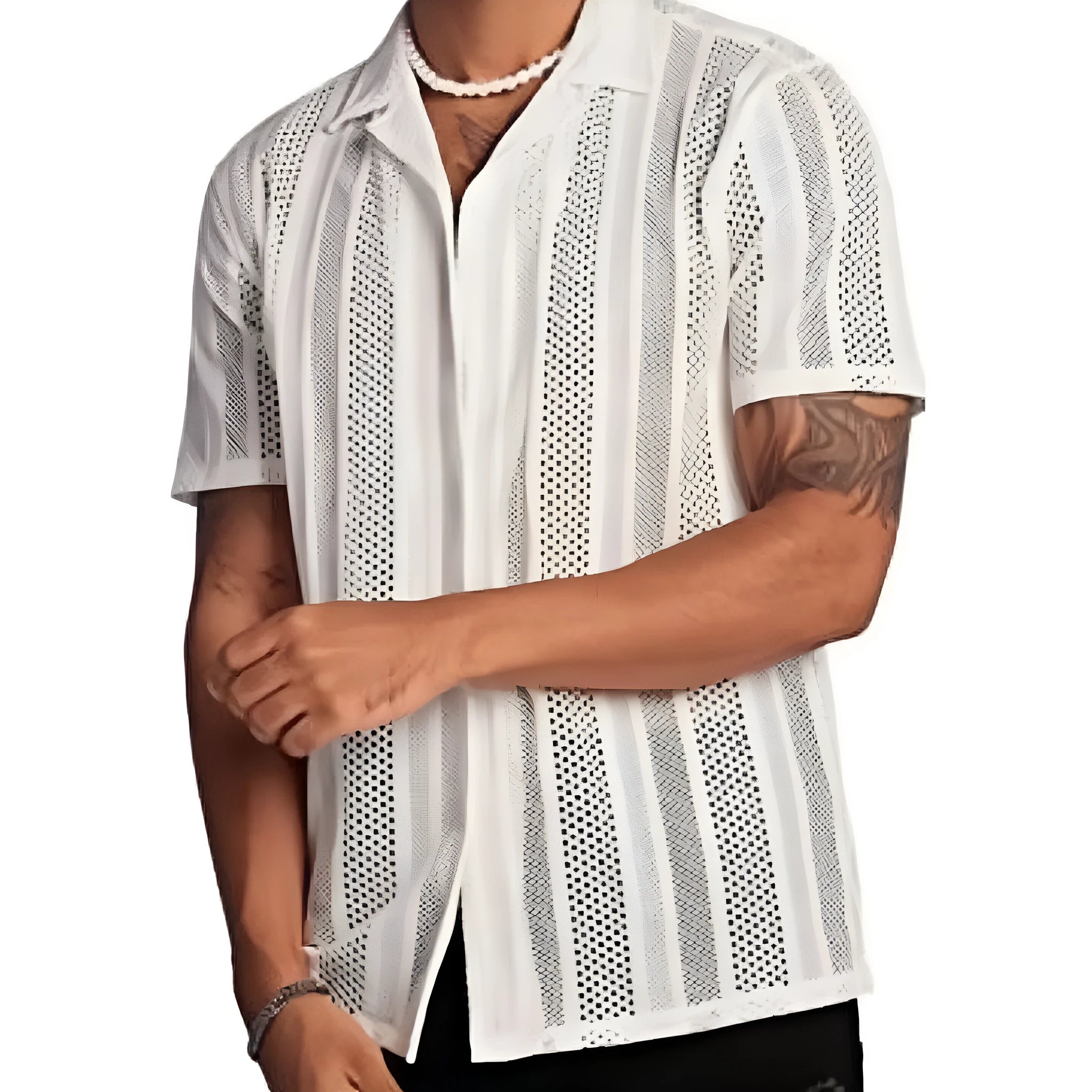 Men's black knitted short-sleeved button shirt with street fashion style and regular fit