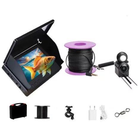 Fish finder underwater camera with 4.3-inch screen, showing wide-angle underwater view with night vision lights illuminated.