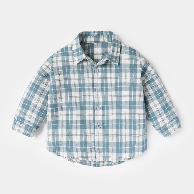 Boy's long sleeve cotton lattice shirt in khaki, light blue, pink, or yellow with animal cartoon print.