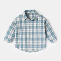 Boy's long sleeve cotton lattice shirt in khaki, light blue, pink, or yellow with animal cartoon print.