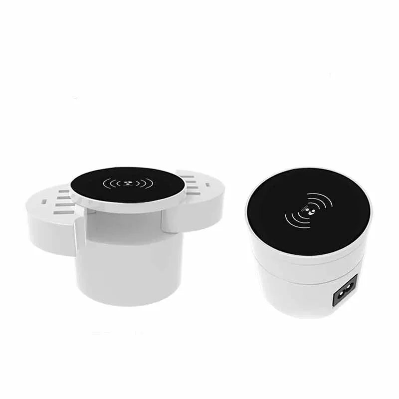 Smart phone multi-port wireless circular charger in ceramic white with LED indicator and USB interface