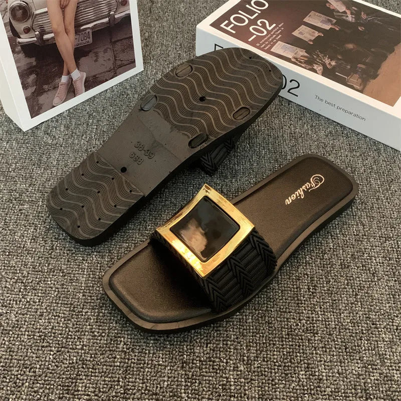 Women's summer flat slippers in apricot, black and khaki colours with waterproof PVC non-slip soles
