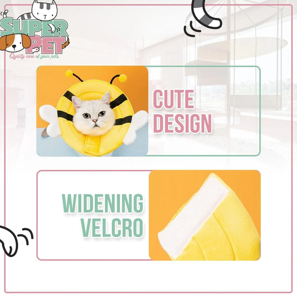 Soft white cat cone collar with black bee design and adjustable Velcro strap