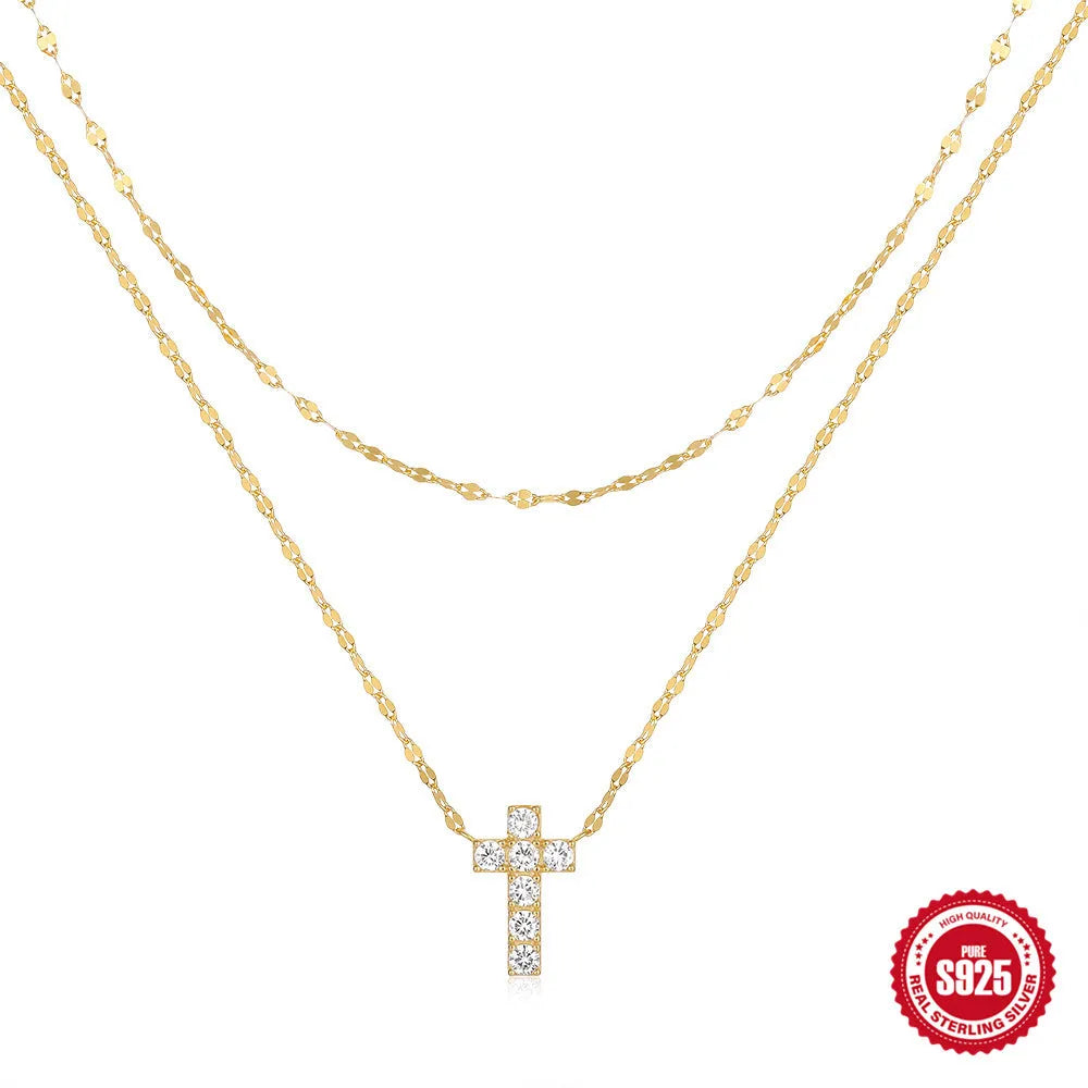 S925 sterling silver necklace with double layer twin diamond cross pendant on delicate clavicle chain
