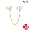 Gold colour sterling silver stud earrings with a connecting chain and inlaid zircon stones.