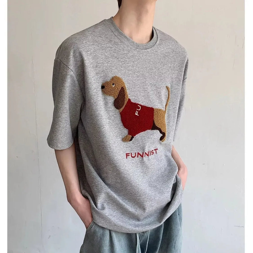 Men's grey cotton T-shirt with embroidered sausage dog design on front
