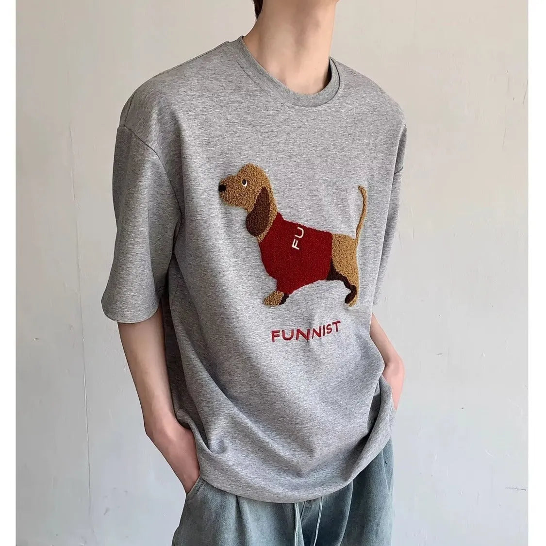 Men's grey cotton T-shirt with embroidered sausage dog design on front