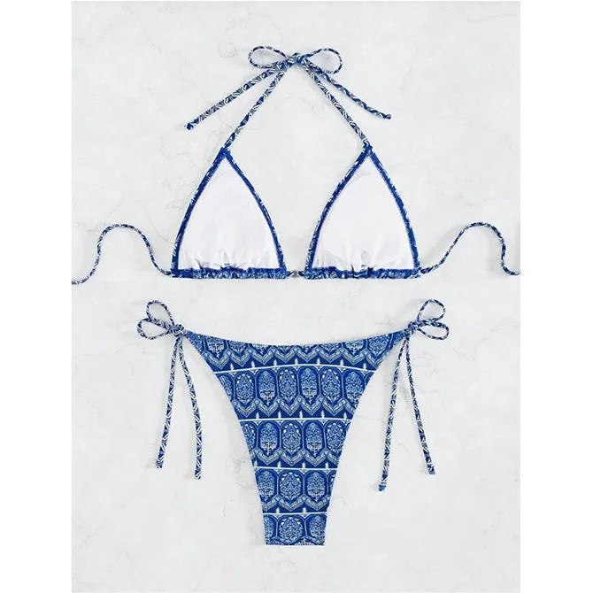 Women's bandage design bikini swimsuit with printing stitching detail in polyester material