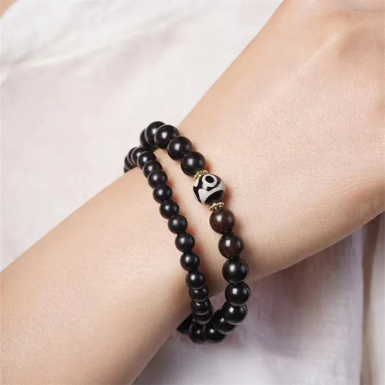 Unisex ebony wood bracelet with 8mm beads in two circles retro style