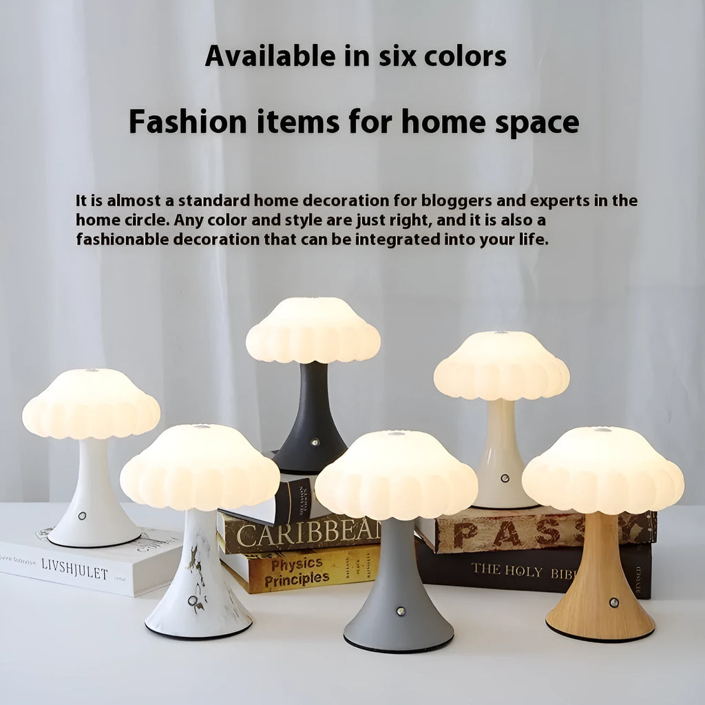 Mushroom-shaped touch control night lamp in wood grain colour on a table
