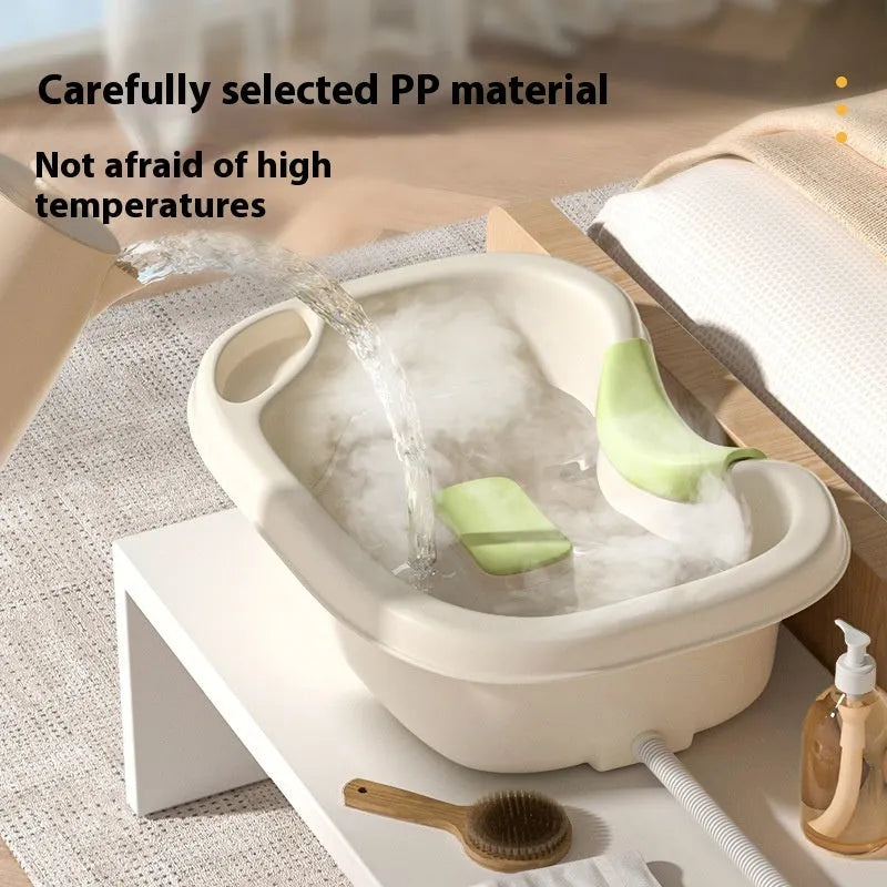 Pregnant woman lying in bed using shampoo pot with head pad and water pump, light pink colour