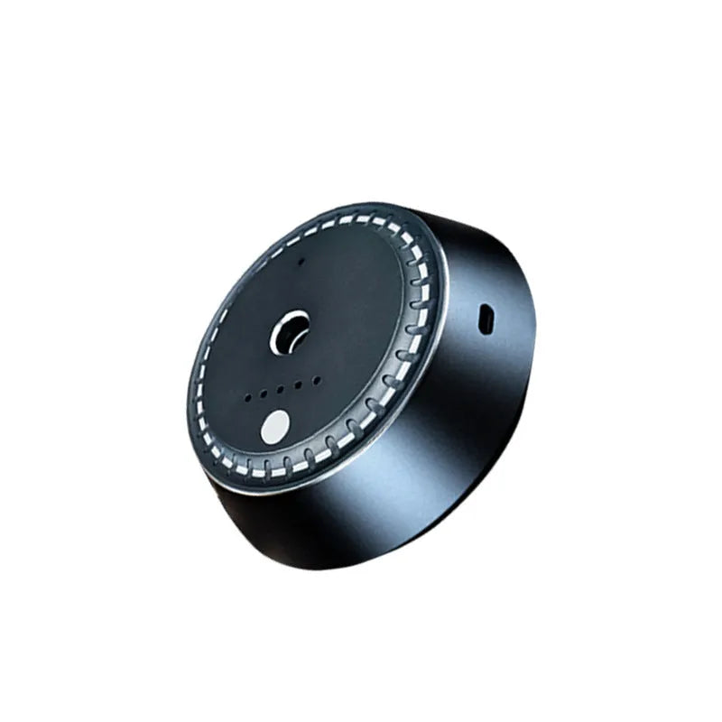Black metal smart car aroma diffuser 30ml capacity, rechargeable with timer, size 9x4.5cm