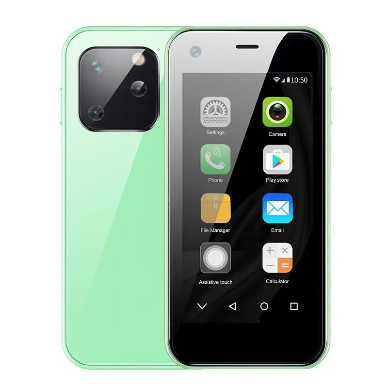 Ultra-small mini Android smartphone with 2.5-inch screen shown in Phantom Night Black, Matcha Green, Girl Pink, and Pearl White.