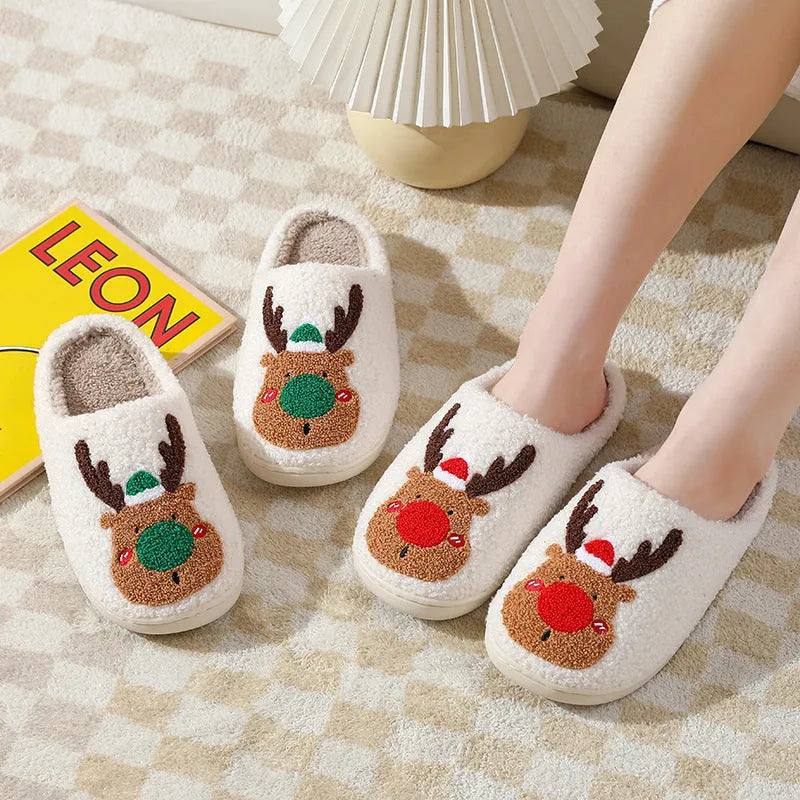 Christmas winter home slippers with elk totem design, plush upper, anti-slip sole, in red and green