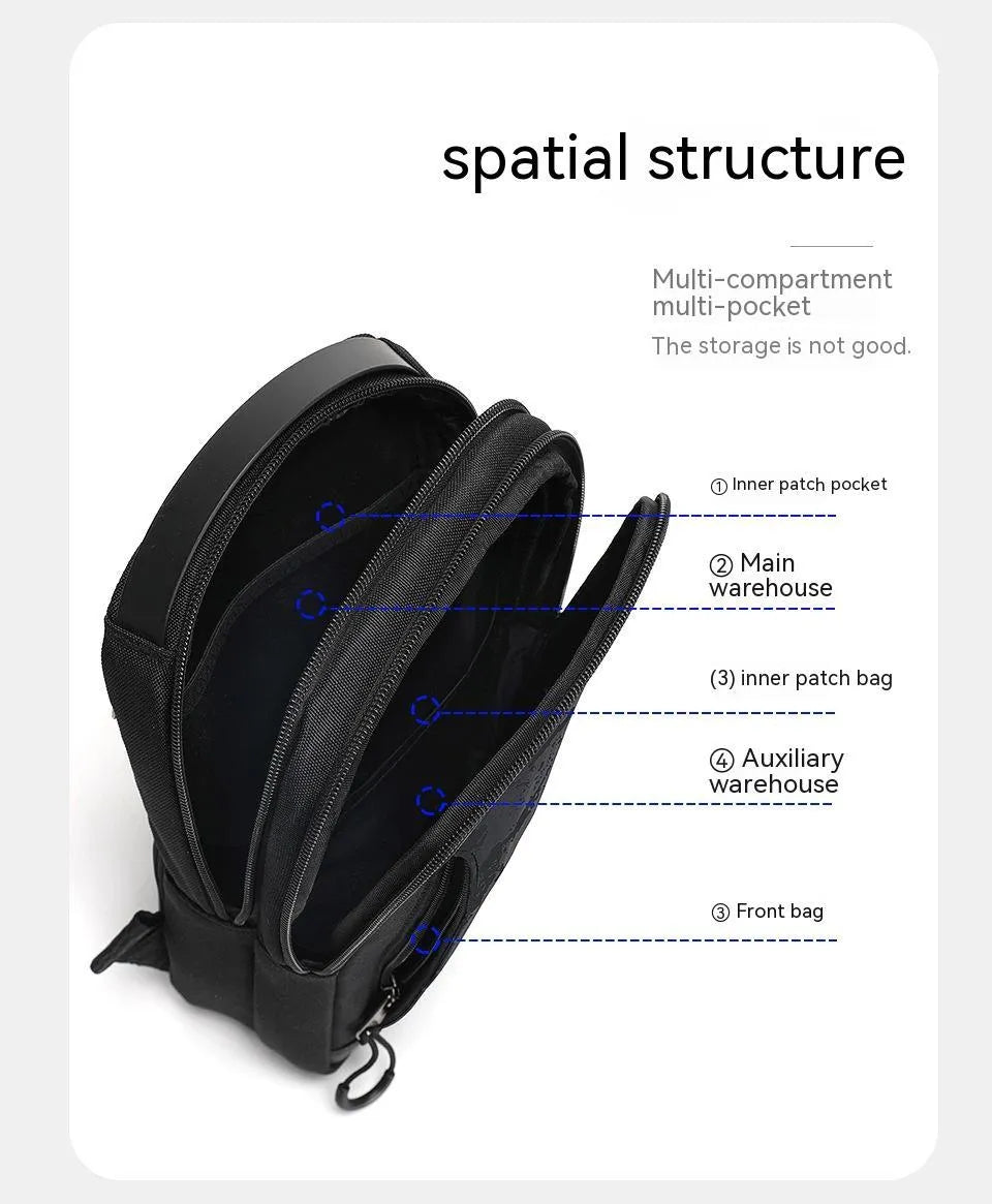 Black camouflage pattern chest pack with waterproof TPU material and square vertical shape for street style daily wear