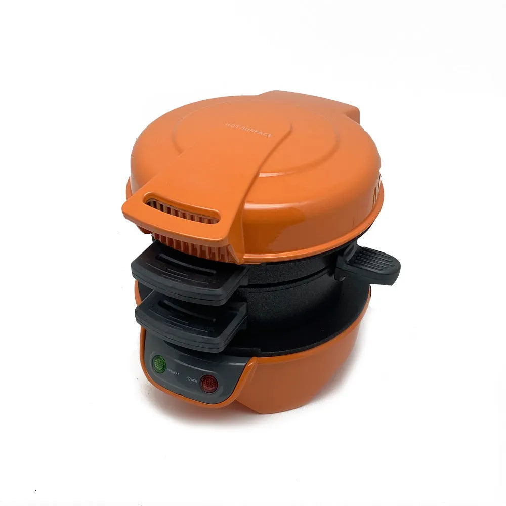 Bright red breakfast sandwich maker machine with egg cooker ring and waffle function