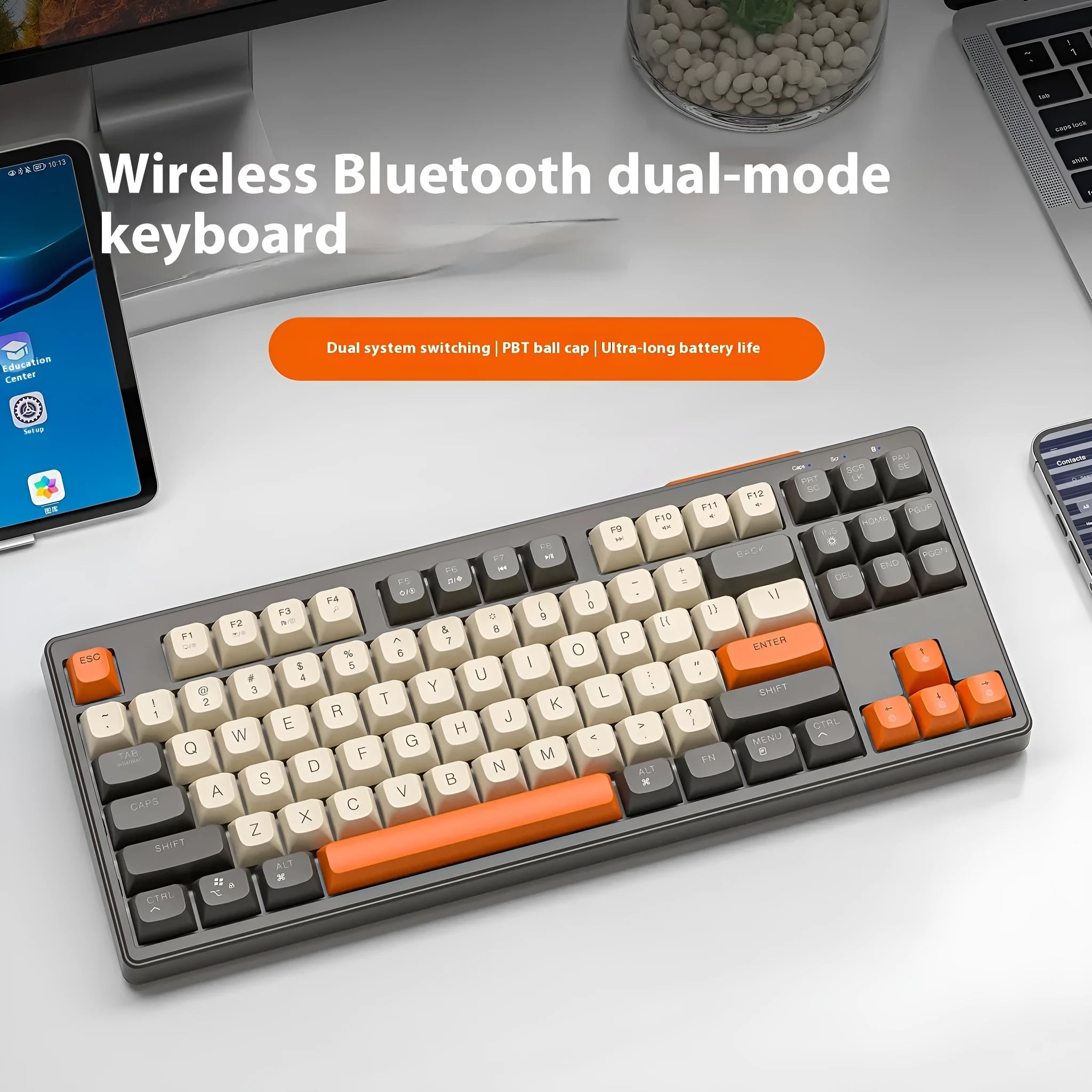Free Wolf M87 wireless dual-mode keyboard in blueberry colour on a desk