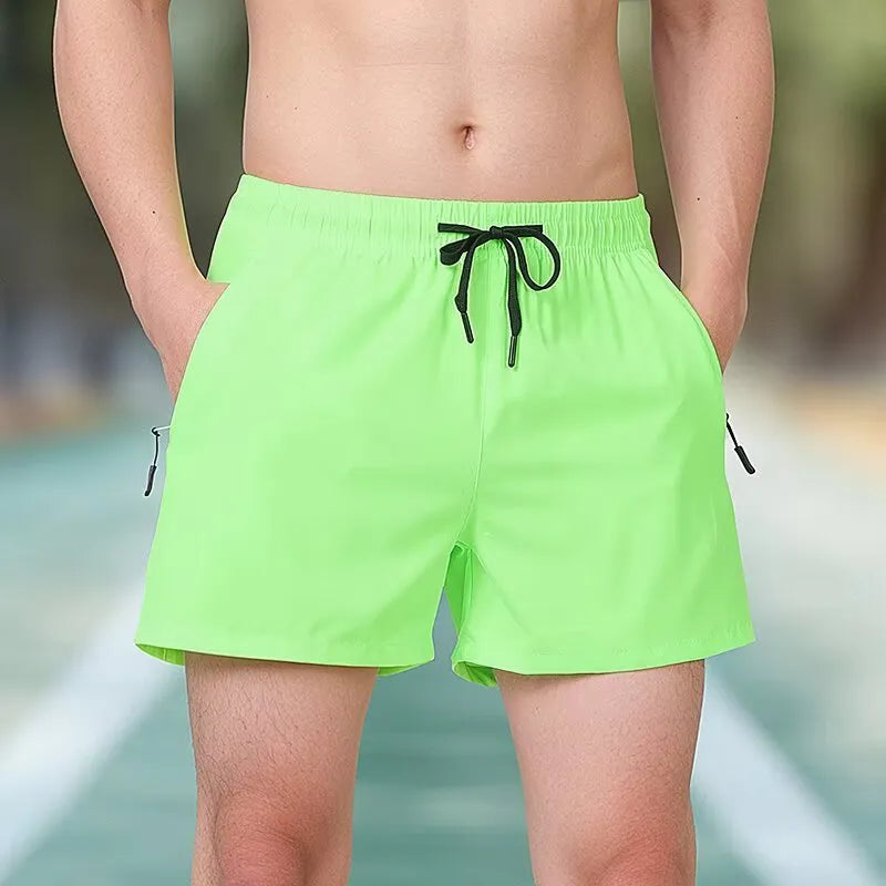 Black men's high-waist polyester fitness training shorts with a drawstring.