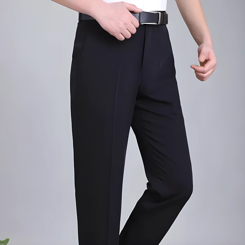 Men's straight leg non-iron business trousers in a mulberry silk blend fabric, shown in a dark blue colour.