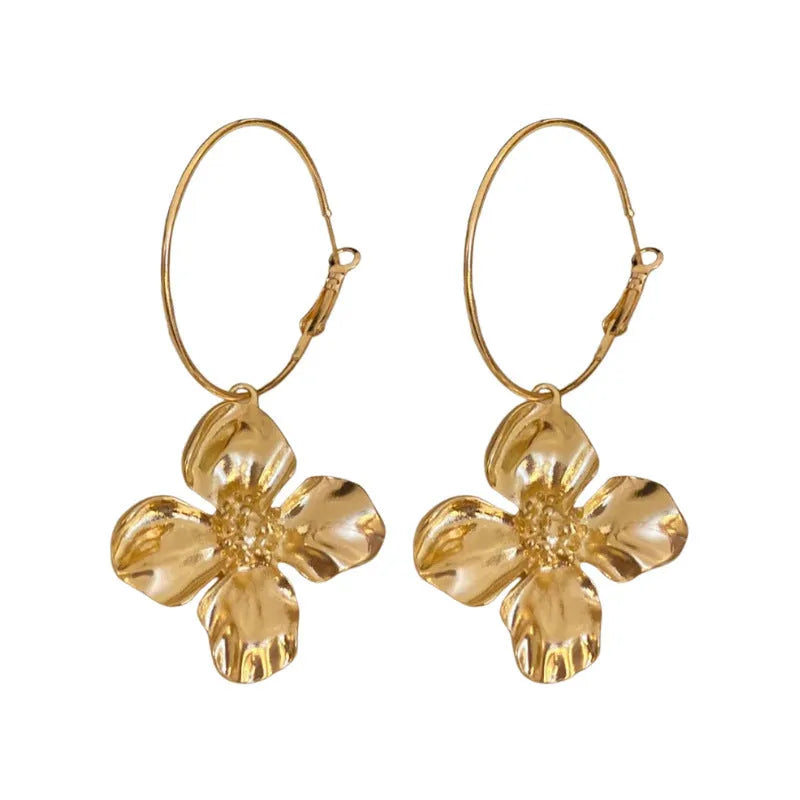 Silver needle drop metal flower earrings with geometric vintage design in gold and silver electroplated finishes