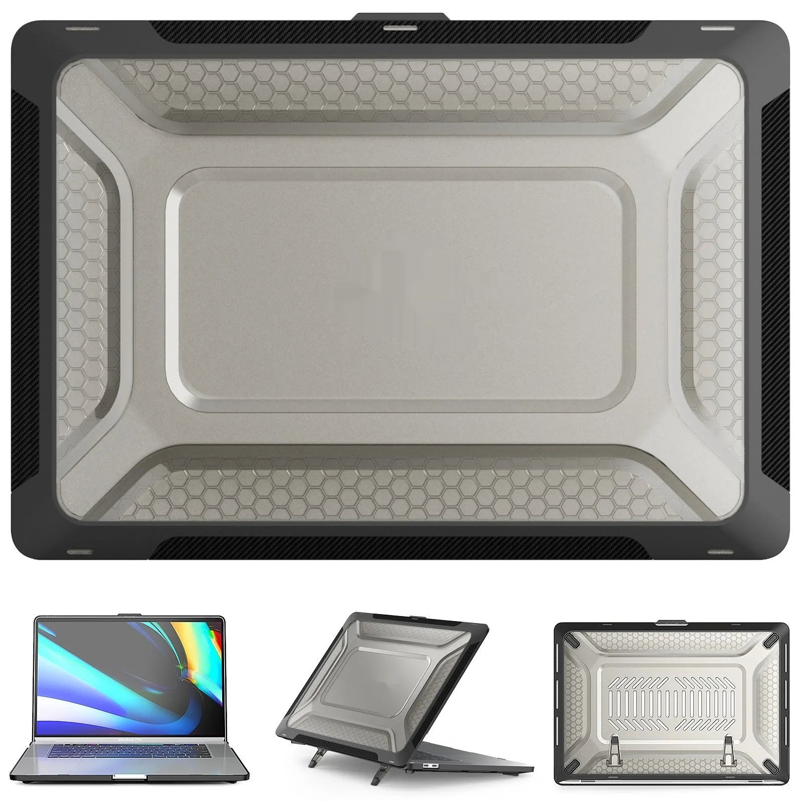 MacBook protective shell case in four colours: cool black, starry sky grey, elegant apricot, and sapphire blue.