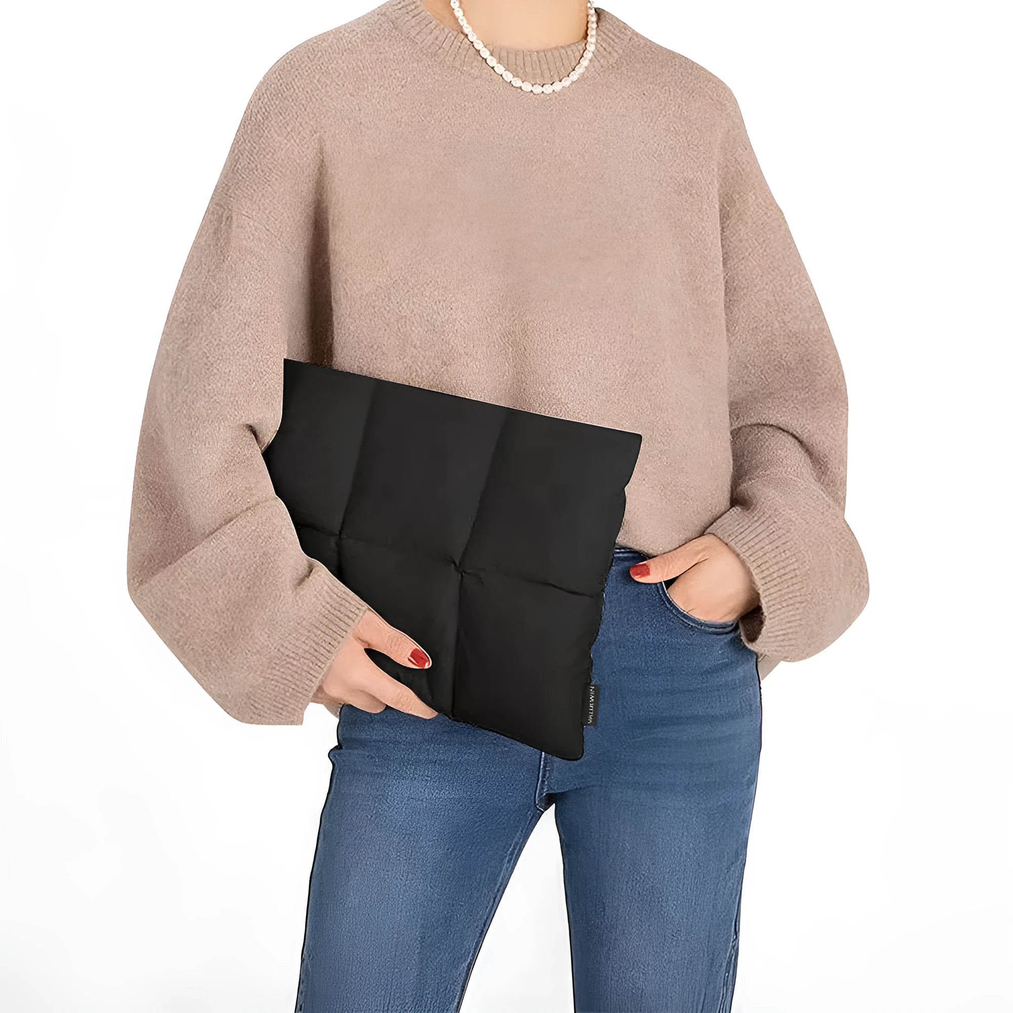 Soft fluffy laptop sleeve in black or khaki with retro sewing thread details, sized for 13 to 15.6 inch laptops