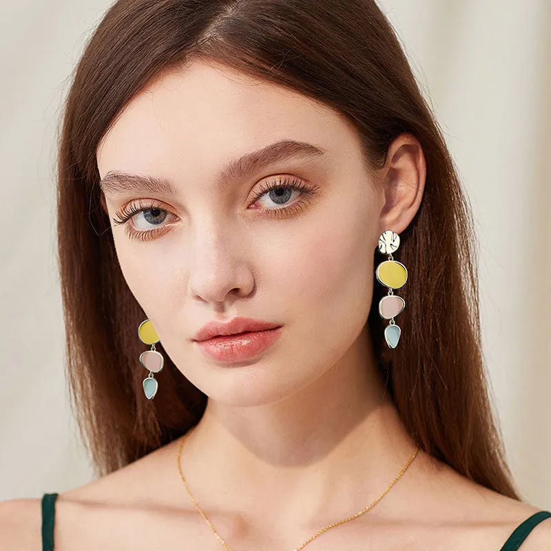 Morandi three-colour oil drip disc earrings with sterling silver needles on simple vintage wafer design