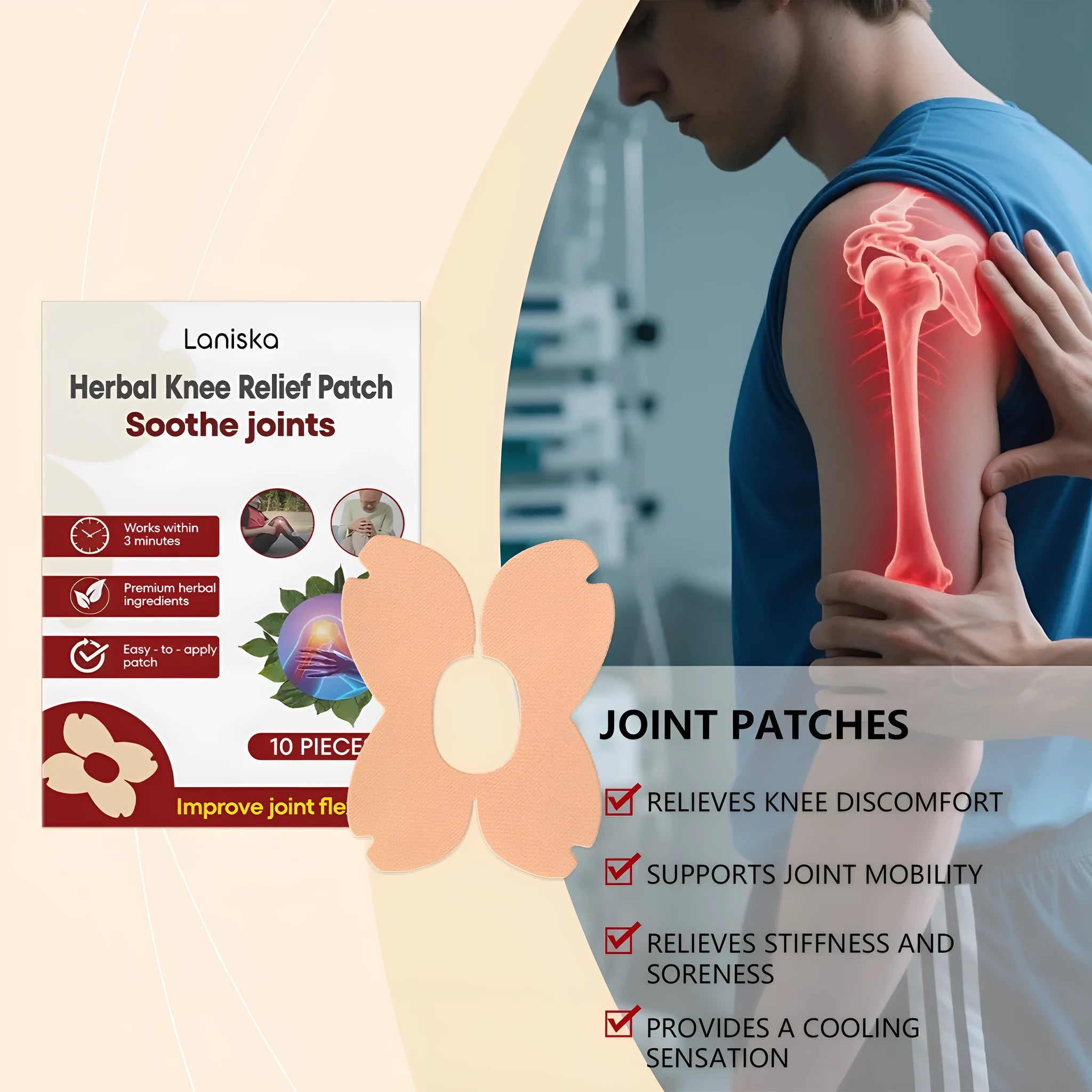 LANISKA herbal joint care patches pack showing 10 adhesive bandages with traditional Chinese herbal formula
