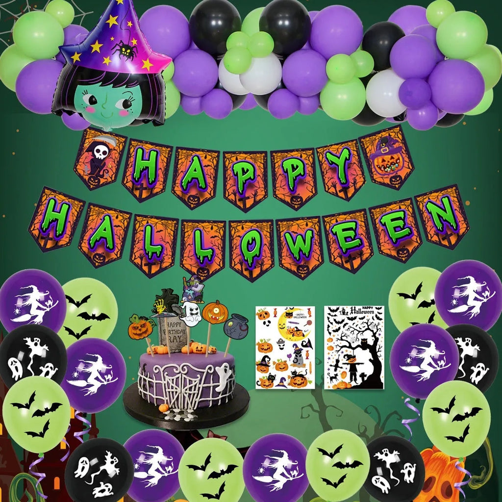 Halloween balloon combo showing white and black skull pumpkin and spider arch latex decorations