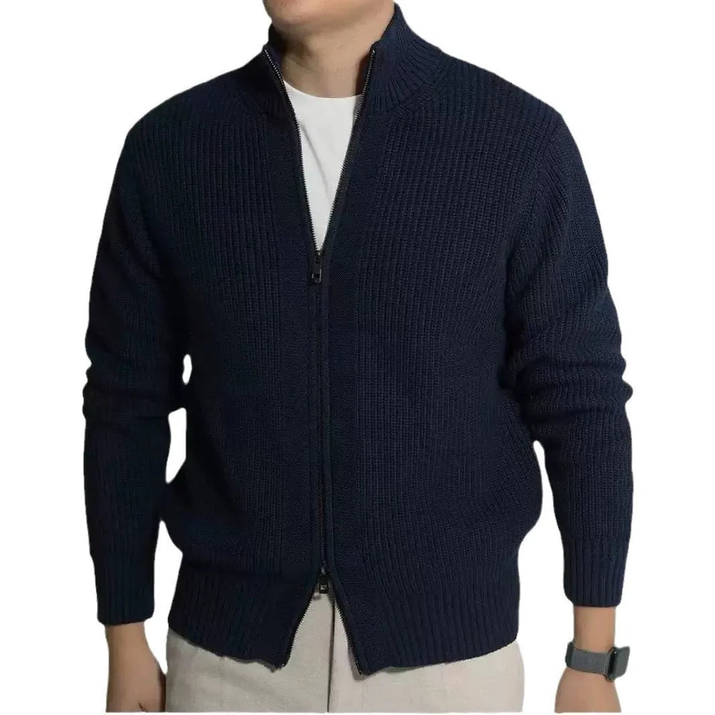 Men's loose fit black modal cardigan sweater on model, front view, size L