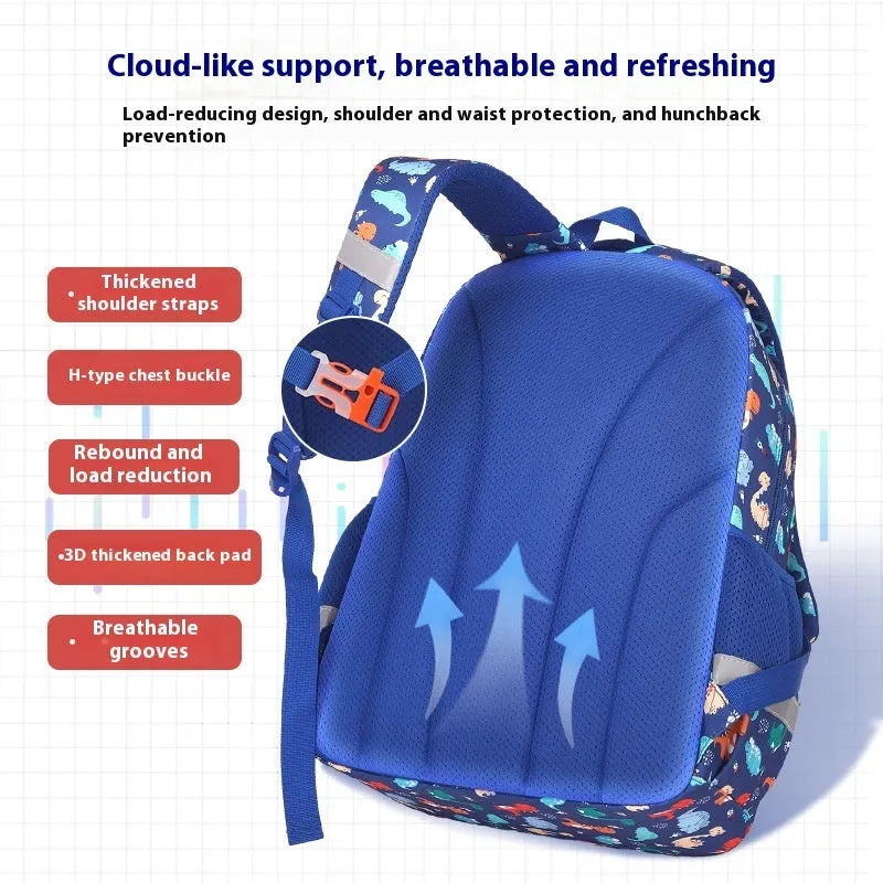Children's waterproof school backpack with dinosaur pattern showing curved shoulder straps and spine protection feature