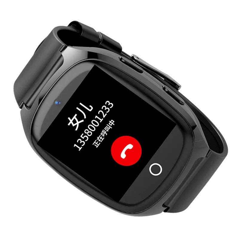 GPS location tracker phone watch with 1.54-inch touch screen, black, English version, showing front face and band