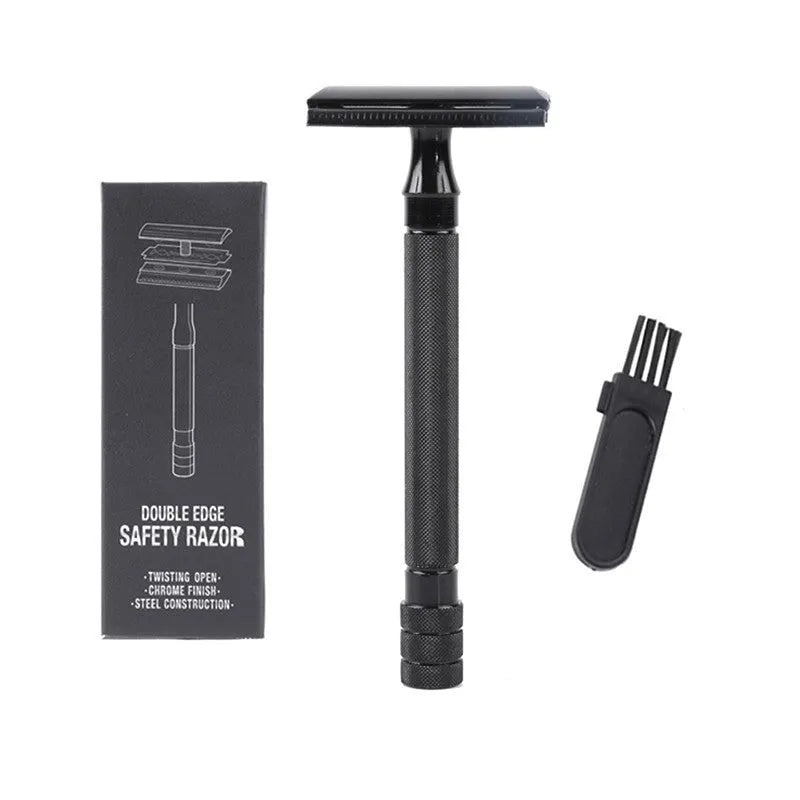 Traditional manual pogonotomy metal shaver scraper and brush set in black or silver finish