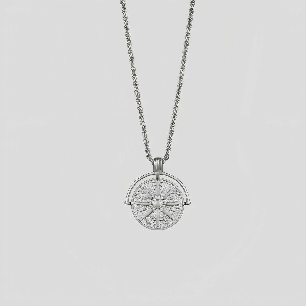 Sunflower embossed geometric round pendant necklace with hemp flowers chain in gold or steel colour
