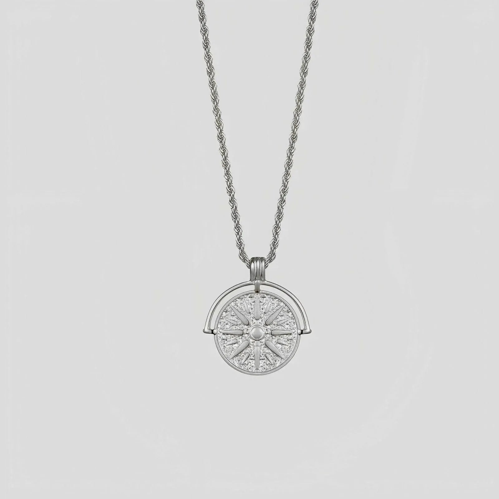 Sunflower embossed geometric round pendant necklace with hemp flowers chain in gold or steel colour