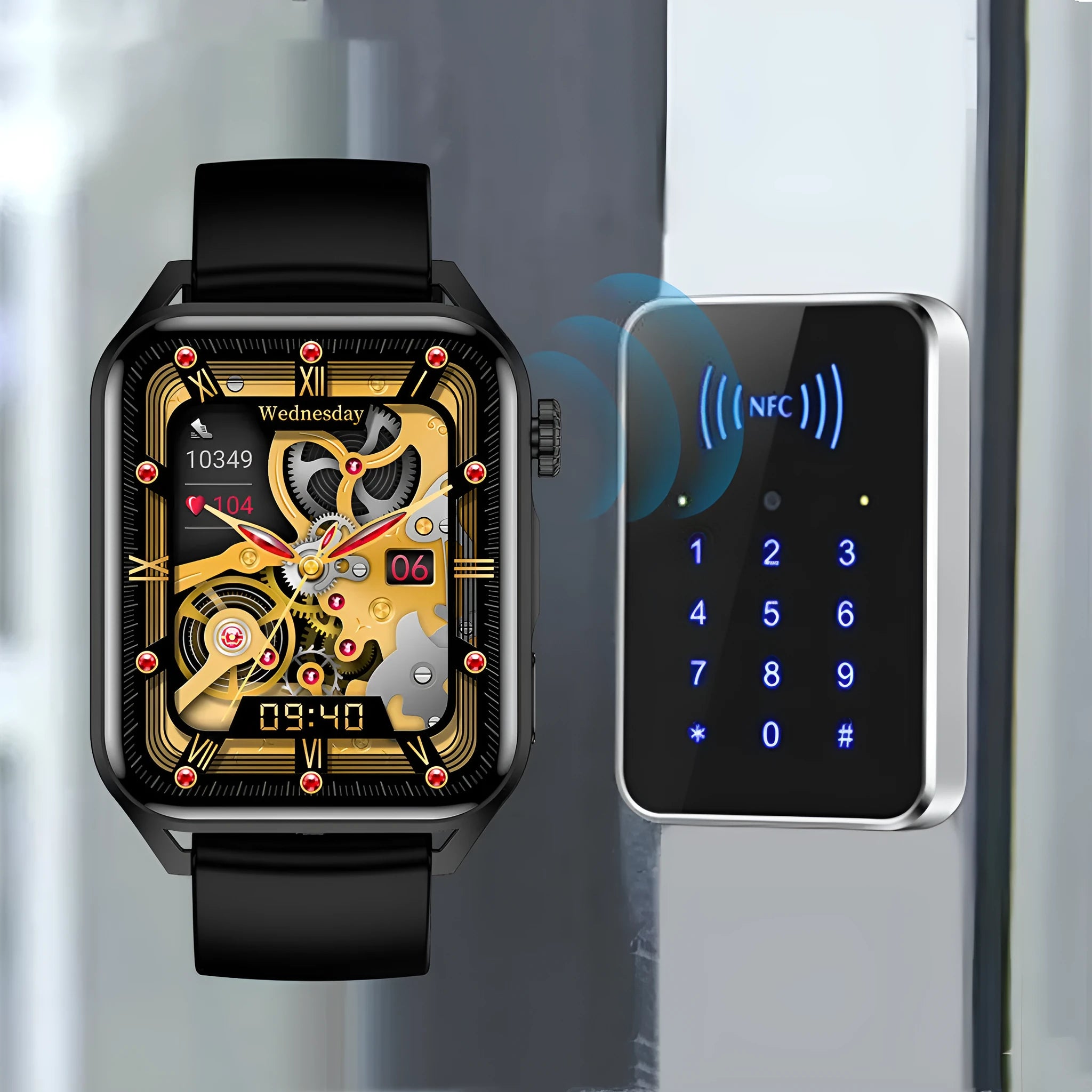 High-definition AMOLED smart watch with NFC on a silicone wrist strap.