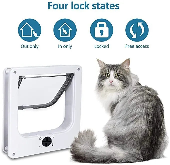 Interior cat door with rotary lock magnetic closure in black, showing frame and flap.