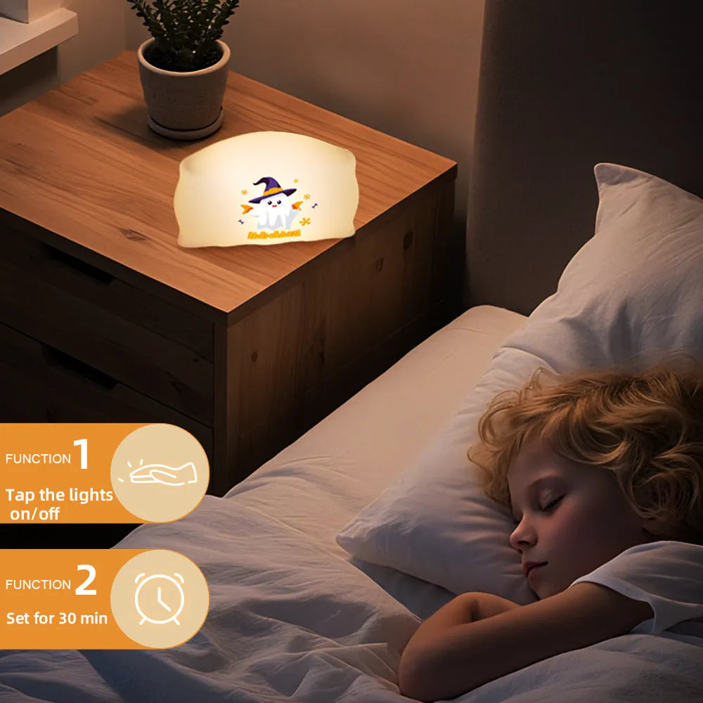 Cartoon Halloween ghost table lamp with USB-C charging port and warm LED light