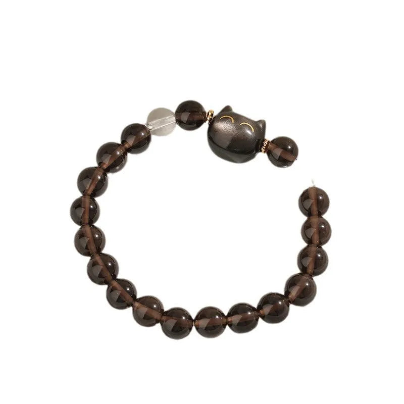 Women's cat head bracelet with natural opal beads 8mm round silver tone charm classic style