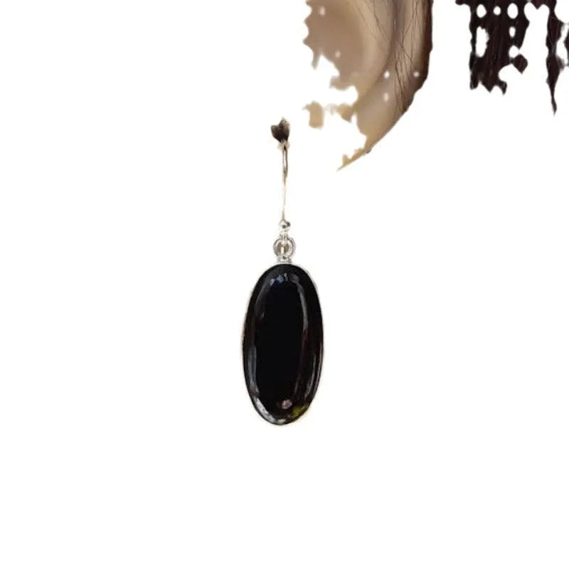 Black women's earrings with oval agate pendant on 925 silver geometric setting