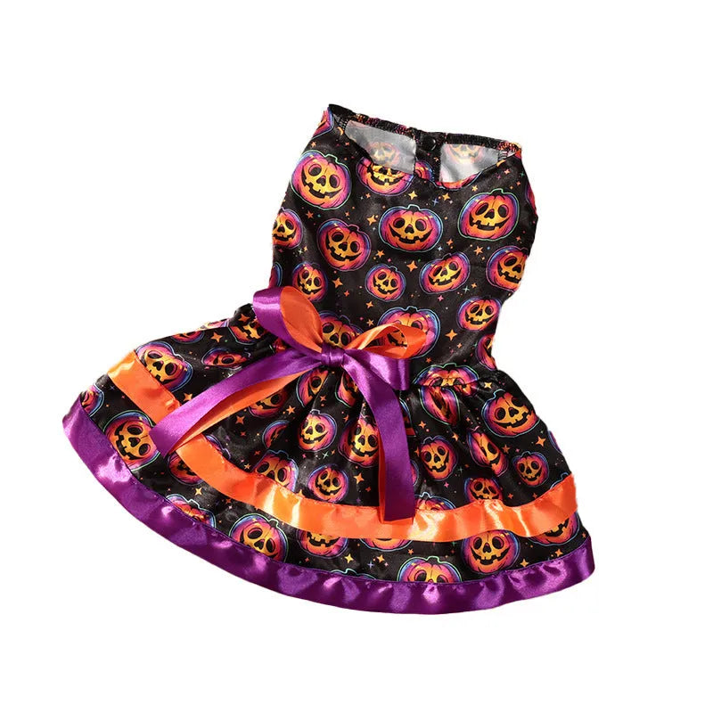 Halloween dog skirt with colourful pumpkin pattern, double-layer construction, shown on model dog.