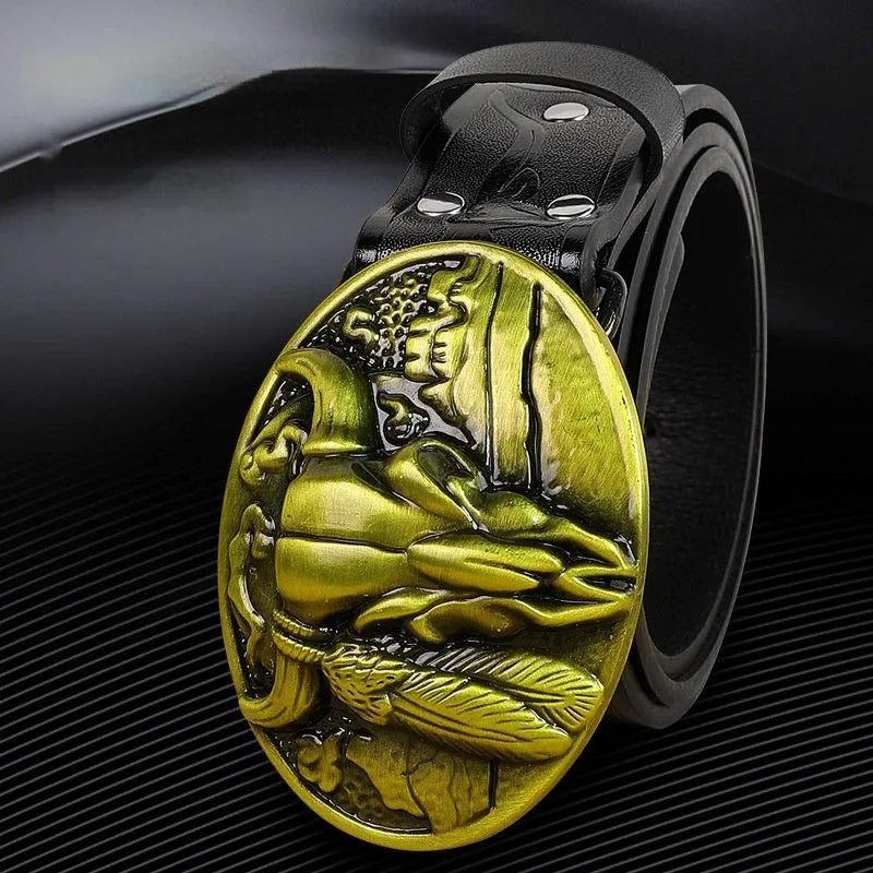 Men's imitation leather belt with detailed alloy cowboy head buckle in black or brown colours