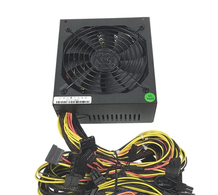 Black server power supply unit with multiple cable connectors including twelve 6+2 pin graphics card interfaces