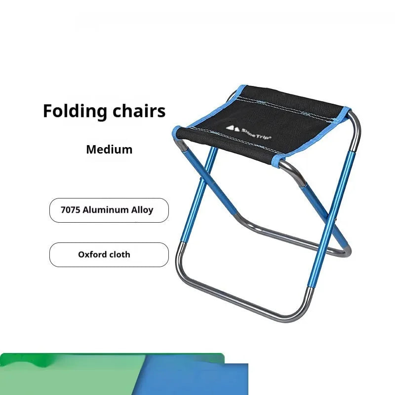 Black aluminium alloy folding stool with ethnic style pattern, shown in folded and unfolded positions