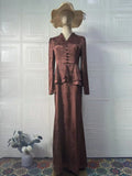 Dark brown retro floral print dress with long sleeves and fake two-piece design