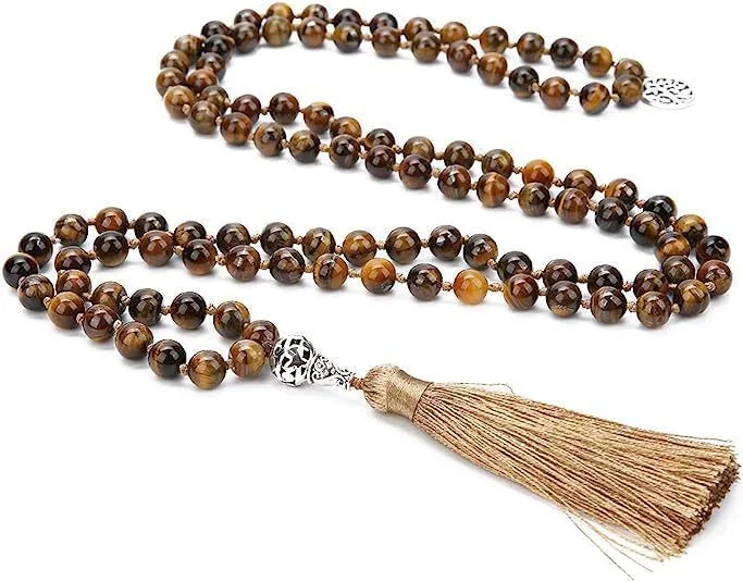 Handmade knotted beaded necklace with 108 natural stone beads in a simple geometric style on a white background