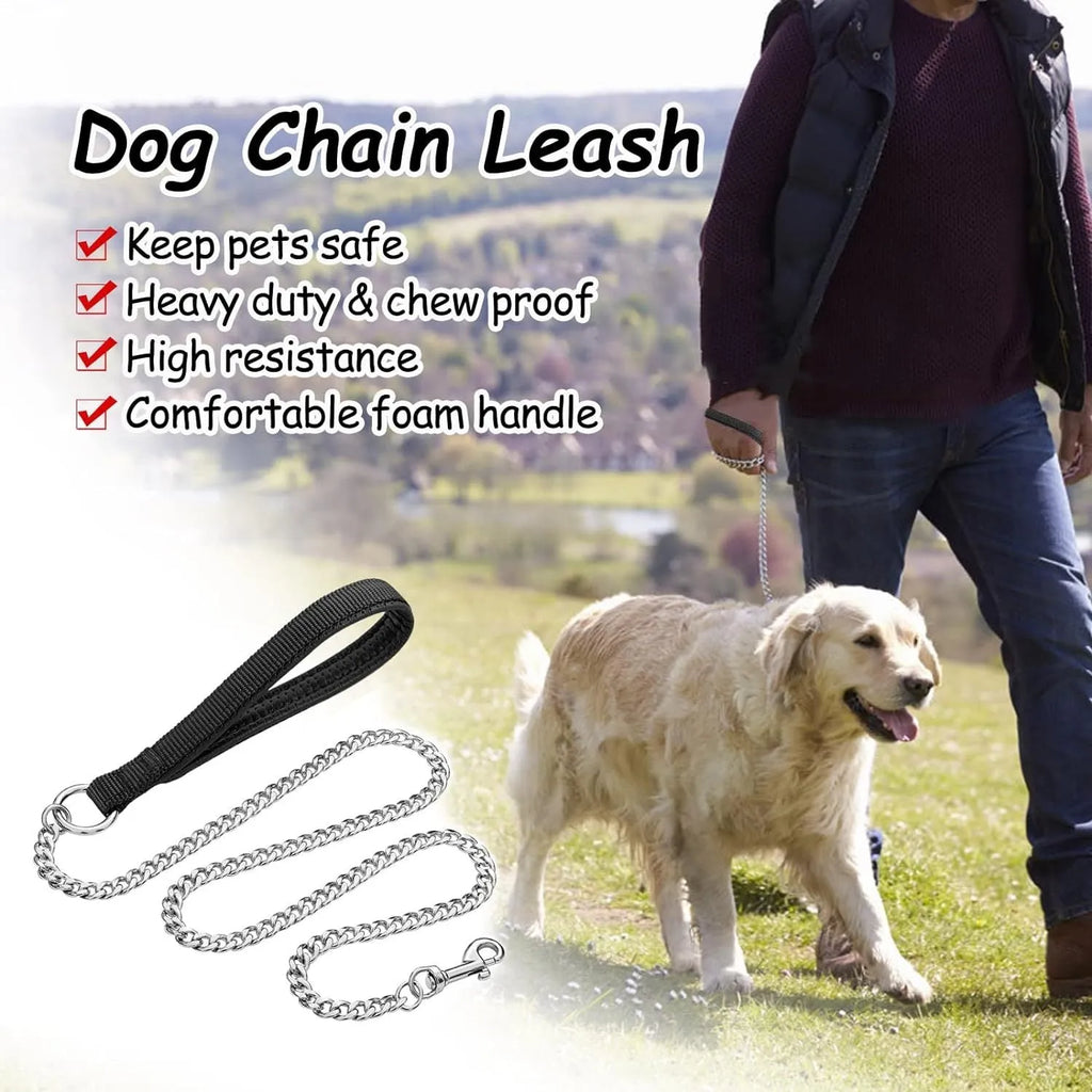 Heavy duty metal dog leash chain with soft black padded handle, shown at full 120cm length.